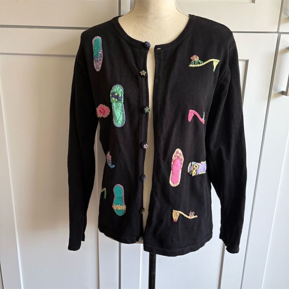 Vintage Talbots Women's Black Cardigan L Embroidered Shoes Patches Artsy